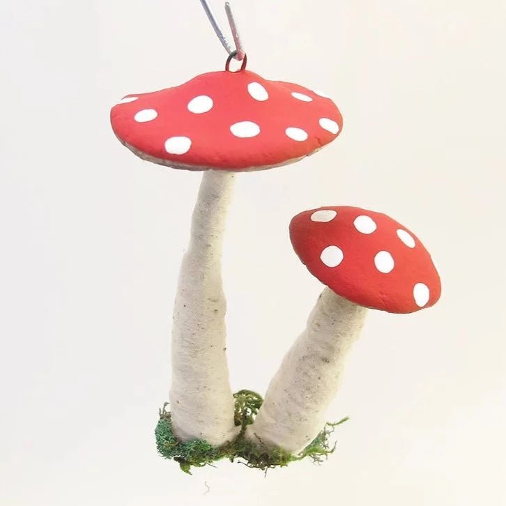 Double Hanging Mushroom Ornament - Vintage Inspired Spun Cotton | Vintage by Crystal Spun Cotton Ornament - Bon Ton goods