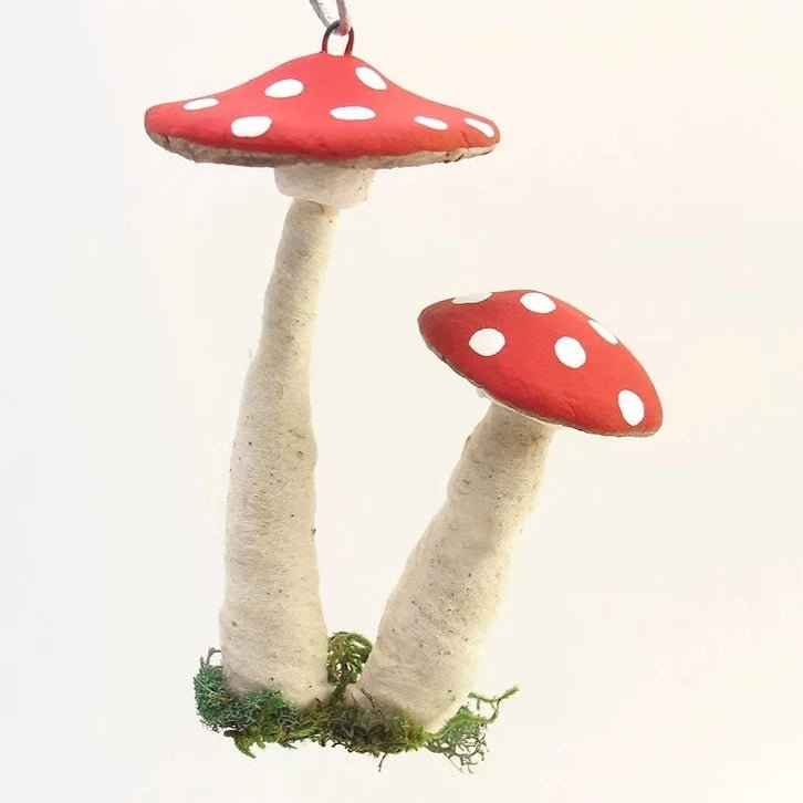 Double Hanging Mushroom Ornament - Vintage Inspired Spun Cotton | Vintage by Crystal Spun Cotton Ornament - Bon Ton goods