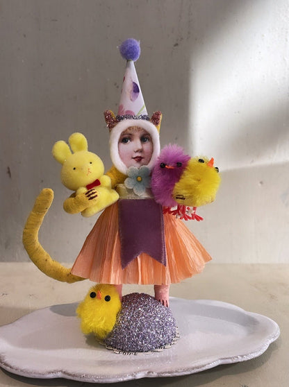 Easter Cat Girl Figure | Vintage by Crystal Spun Cotton Ornament - Bon Ton goods
