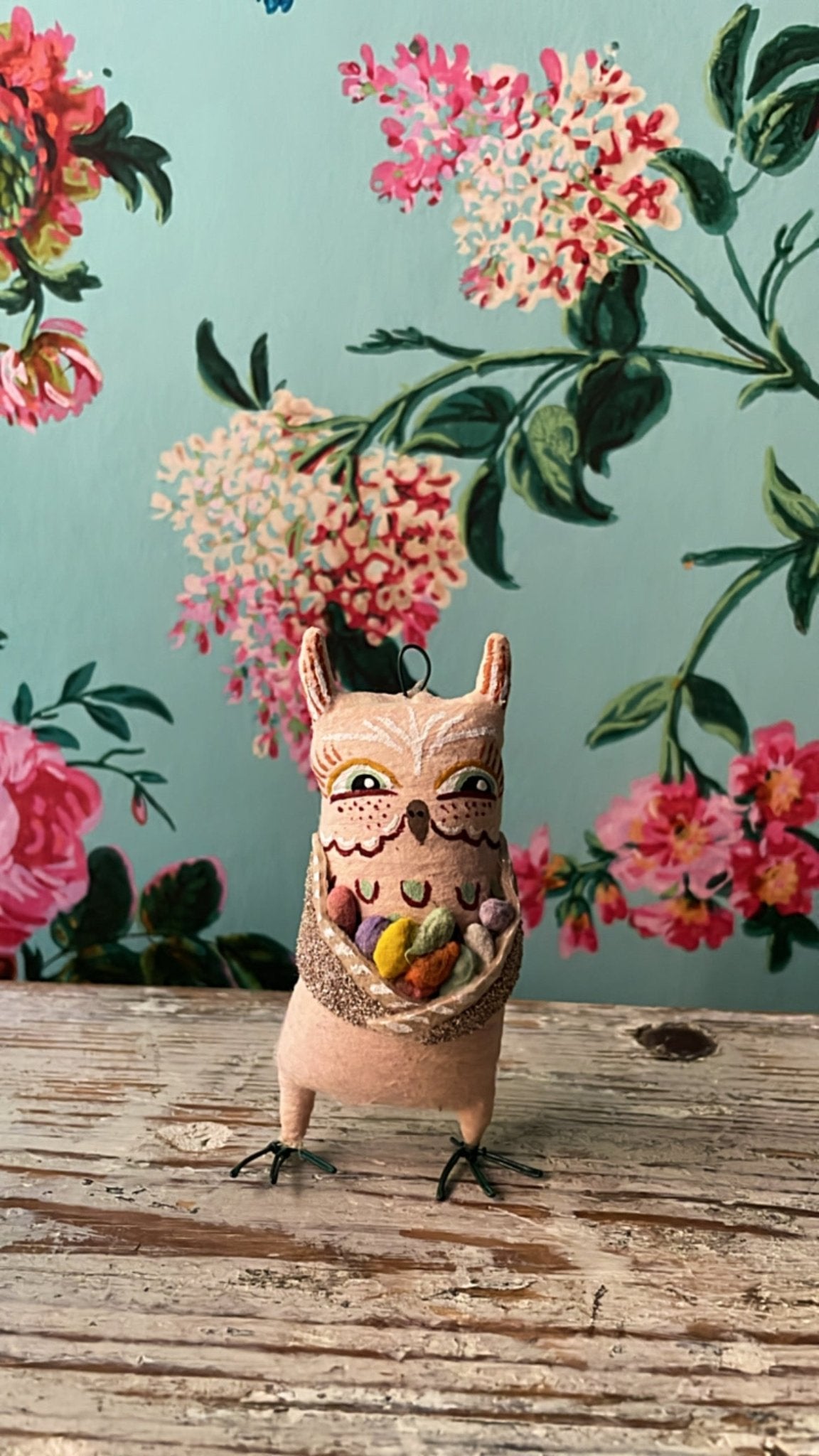 Easter Owl Ornament/Figure with Eggs | Vintage by Crystal Spun Cotton Ornament - Bon Ton goods