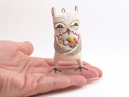 Easter Owl Ornament/Figure with Eggs | Vintage by Crystal Spun Cotton Ornament - Bon Ton goods