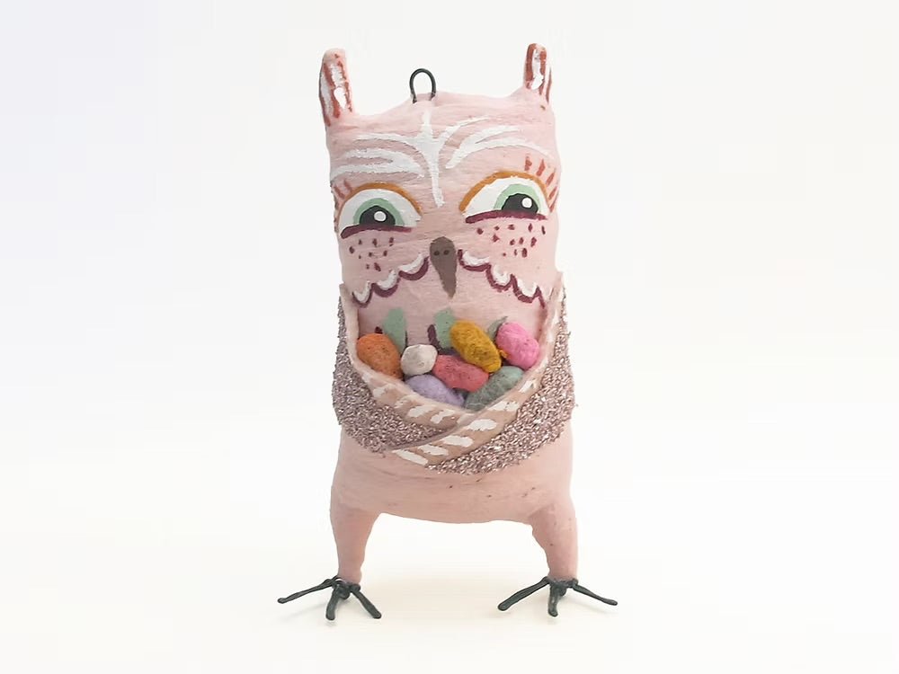Easter Owl Ornament/Figure with Eggs | Vintage by Crystal Spun Cotton Ornament - Bon Ton goods