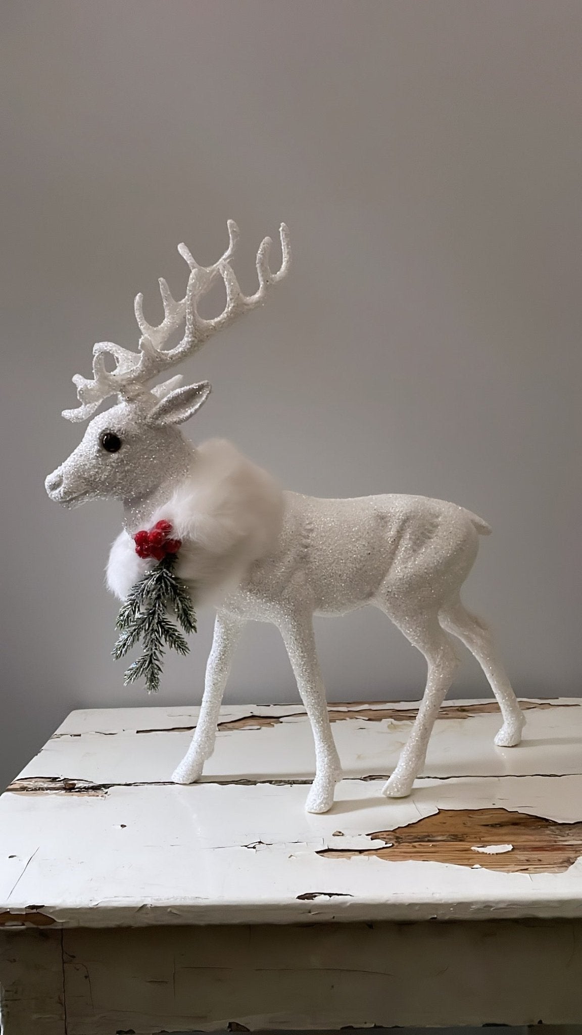 Elegant Holly Decor Beaded large Grand Reindeer - White with Fur and Decoration | Ino Schaller - Bon Ton goods