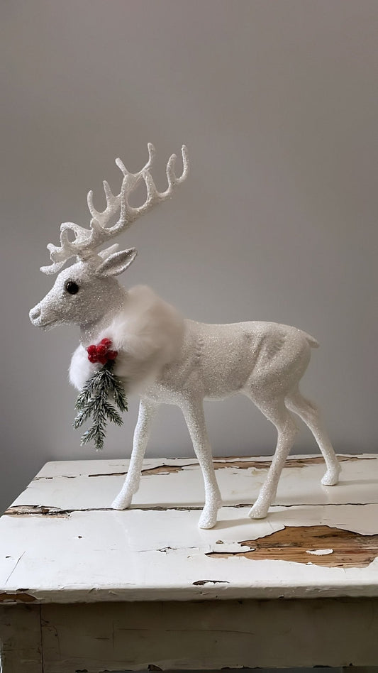 Elegant Holly Decor Beaded large Grand Reindeer - White with Fur and Decoration | Ino Schaller - Bon Ton goods