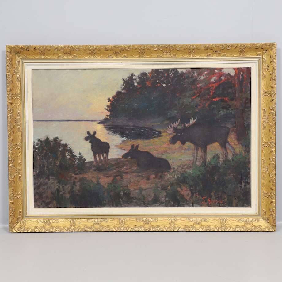Ernst Smith – Moose at Dusk by the Lake (Oil on Canvas) - Bon Ton goods