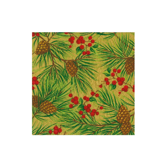 Evergreen And Berries Gold Cocktail Napkins | Caspari - Bon Ton goods