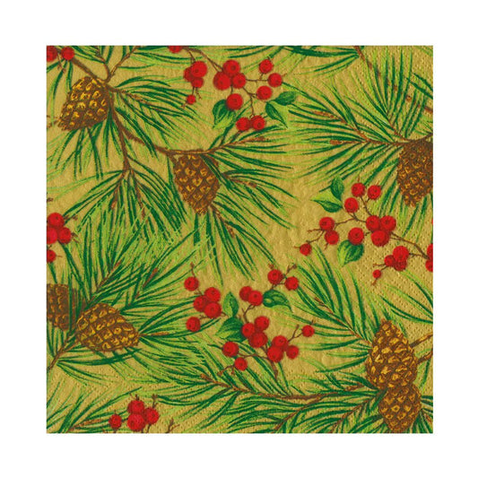 Evergreen And Berries Gold Luncheon Napkins | Caspari - Bon Ton goods