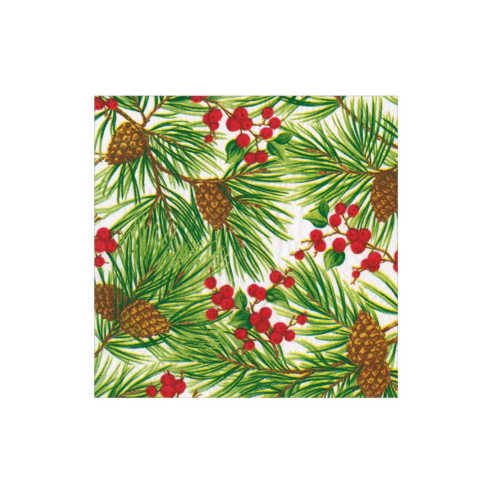Evergreen And Berries White Cocktail Napkins | Caspari - Bon Ton goods