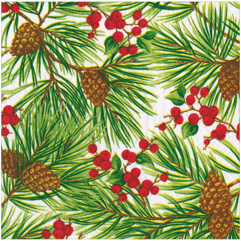 Evergreen And Berries White Dinner Napkins | Caspari - Bon Ton goods