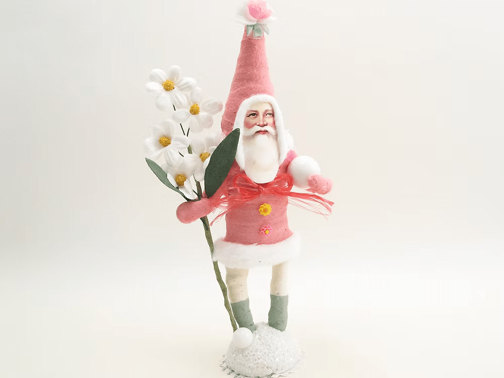 Fabulous Pink Santa Figure | Vintage by Crystal Spun Cotton Ornament - Bon Ton goods