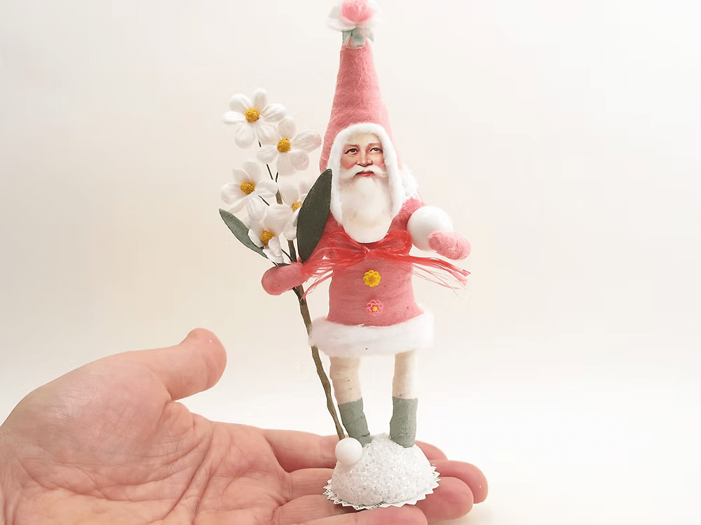 Fabulous Pink Santa Figure | Vintage by Crystal Spun Cotton Ornament - Bon Ton goods