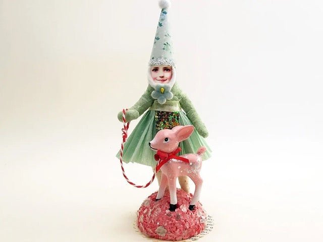 Fawn Walk Figure (Green Dress) | Vintage by Crystal Spun Cotton Ornament - Bon Ton goods