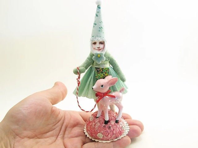 Fawn Walk Figure (Green Dress) | Vintage by Crystal Spun Cotton Ornament - Bon Ton goods