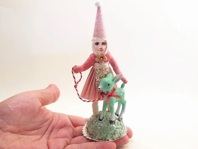 Fawn Walk Figure (Pink Dress) | Vintage by Crystal Spun Cotton Ornament - Bon Ton goods