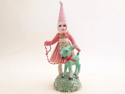Fawn Walk Figure (Pink Dress) | Vintage by Crystal Spun Cotton Ornament - Bon Ton goods