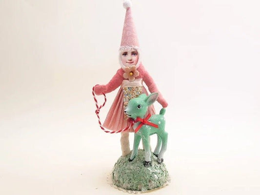 Fawn Walk Figure (Pink Dress) | Vintage by Crystal Spun Cotton Ornament - Bon Ton goods