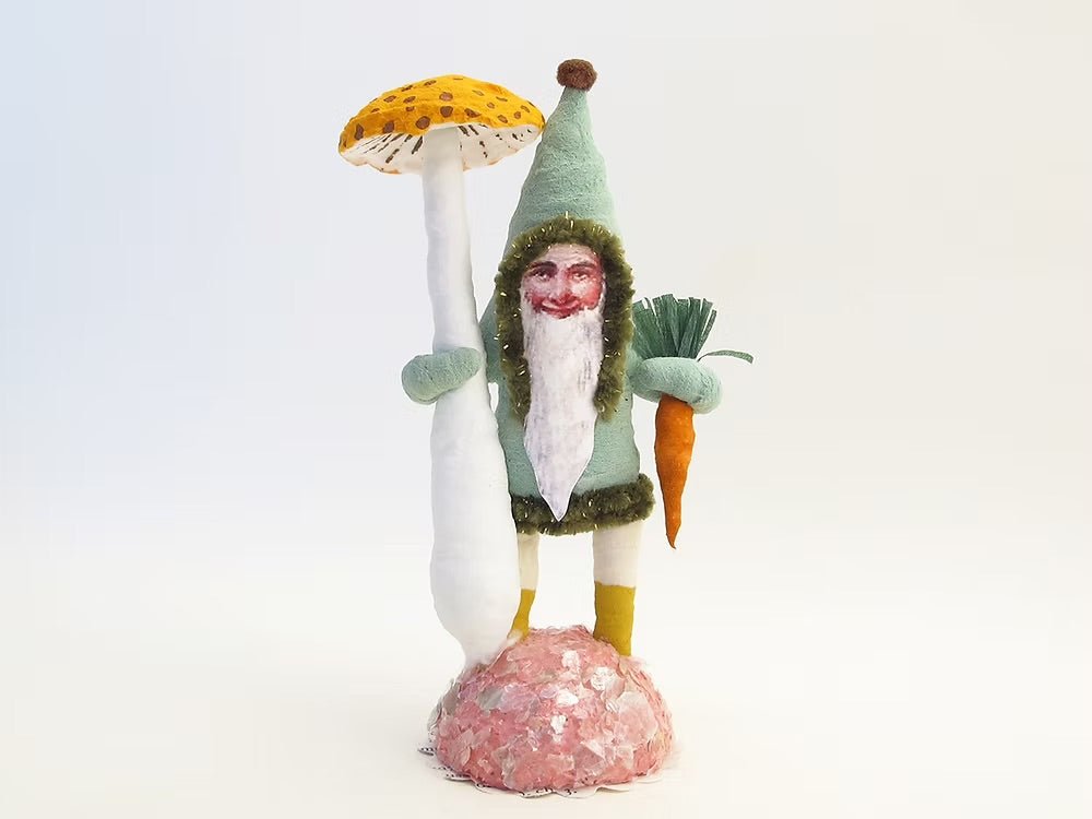 Field Gnome With Mushroom Figure | Vintage by Crystal Spun Cotton Ornament - Bon Ton goods
