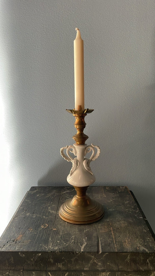 French Brass & Glazed Ceramic Candlestick with Rococo Handles - Bon Ton goods