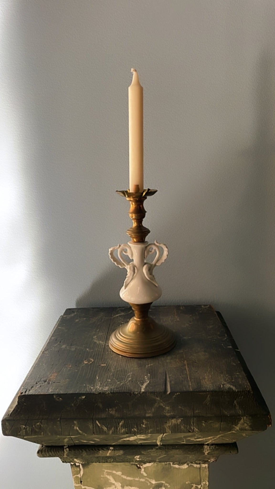 French Brass & Glazed Ceramic Candlestick with Rococo Handles - Bon Ton goods