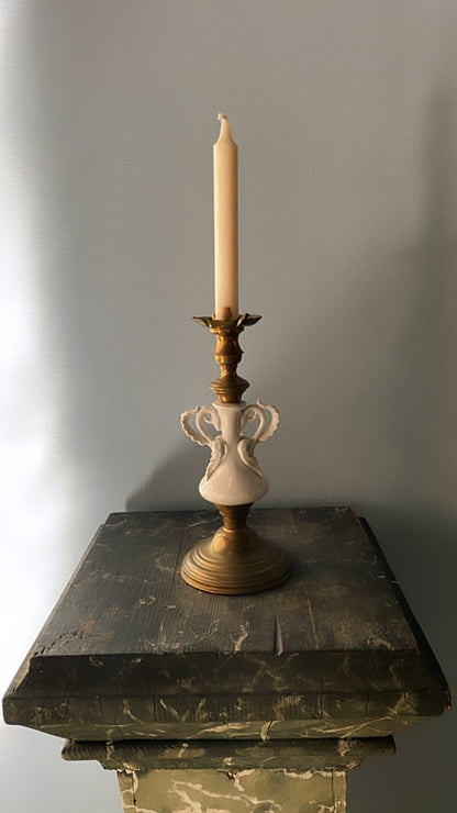 French Brass & Glazed Ceramic Candlestick with Rococo Handles - Bon Ton goods