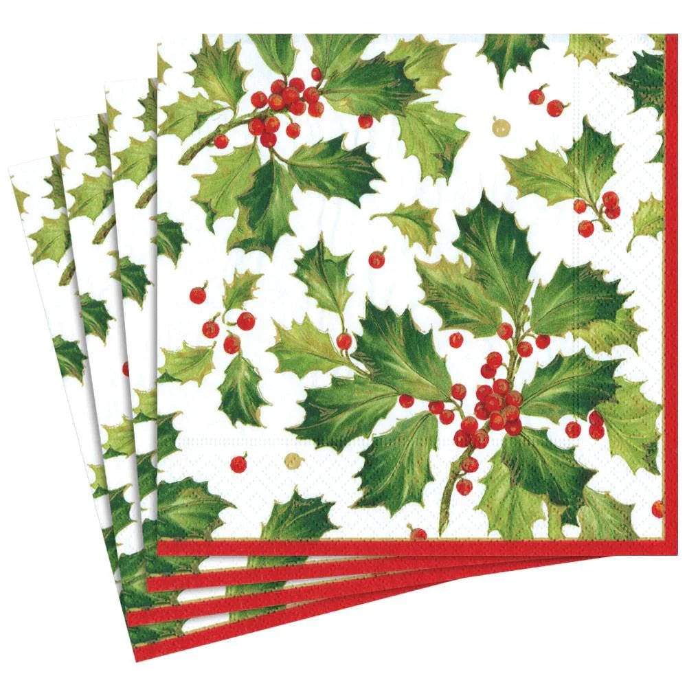 Gilded Holly Paper Dinner Napkins in White | Caspari - Bon Ton goods