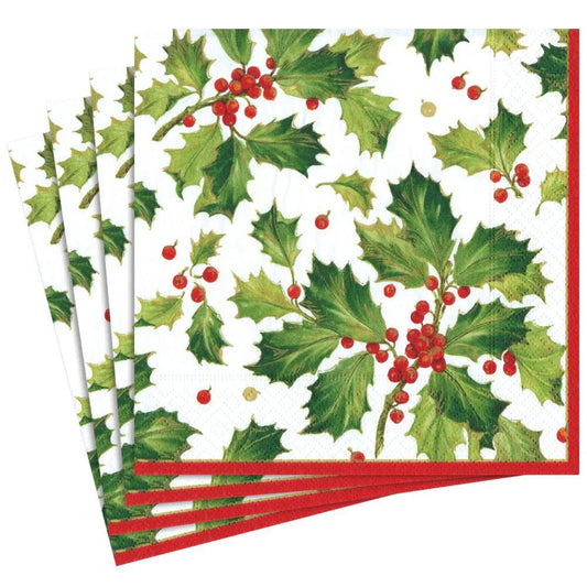 Gilded Holly Paper Dinner Napkins in White | Caspari - Bon Ton goods