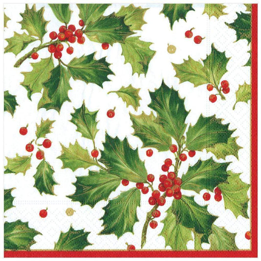 Gilded Holly Paper Dinner Napkins in White | Caspari - Bon Ton goods