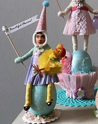 Girl On Egg With Chick Friend Figure 2 | Vintage by Crystal Spun Cotton Ornament - Bon Ton goods