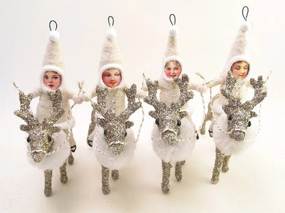 Glittered Reindeer Rider Ornament/Figure- Vintage Inspired Spun Cotton - Bon Ton goods