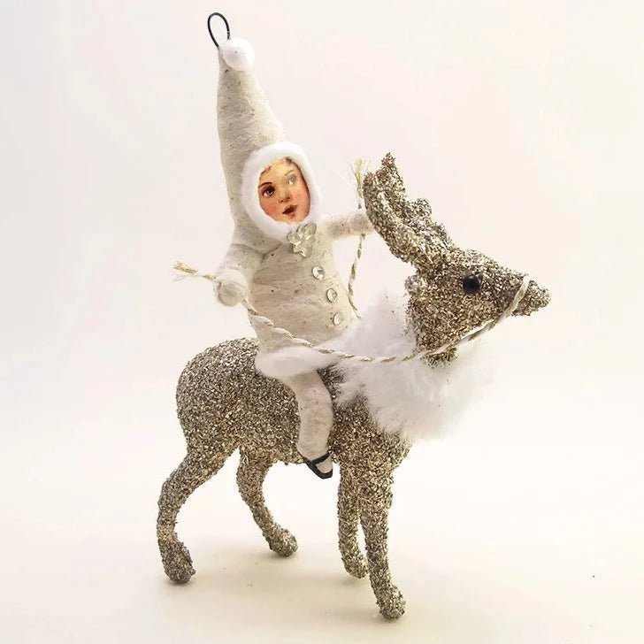 Glittered Reindeer Rider Ornament/Figure- Vintage Inspired Spun Cotton | Vintage by Crystal Spun Cotton Ornament - Bon Ton goods