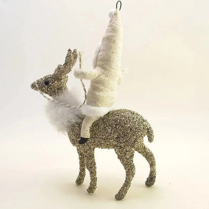 Glittered Reindeer Rider Ornament/Figure- Vintage Inspired Spun Cotton | Vintage by Crystal Spun Cotton Ornament - Bon Ton goods