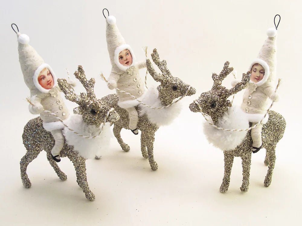 Glittered Reindeer Rider Ornament/Figure- Vintage Inspired Spun Cotton | Vintage by Crystal Spun Cotton Ornament - Bon Ton goods
