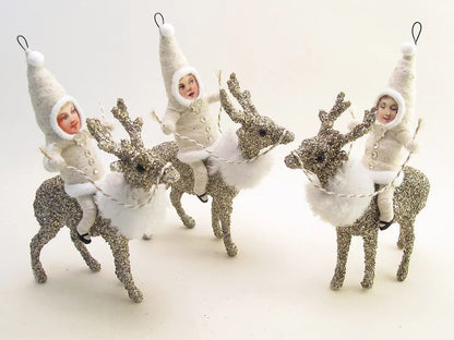 Glittered Reindeer Rider Ornament/Figure- Vintage Inspired Spun Cotton | Vintage by Crystal Spun Cotton Ornament - Bon Ton goods