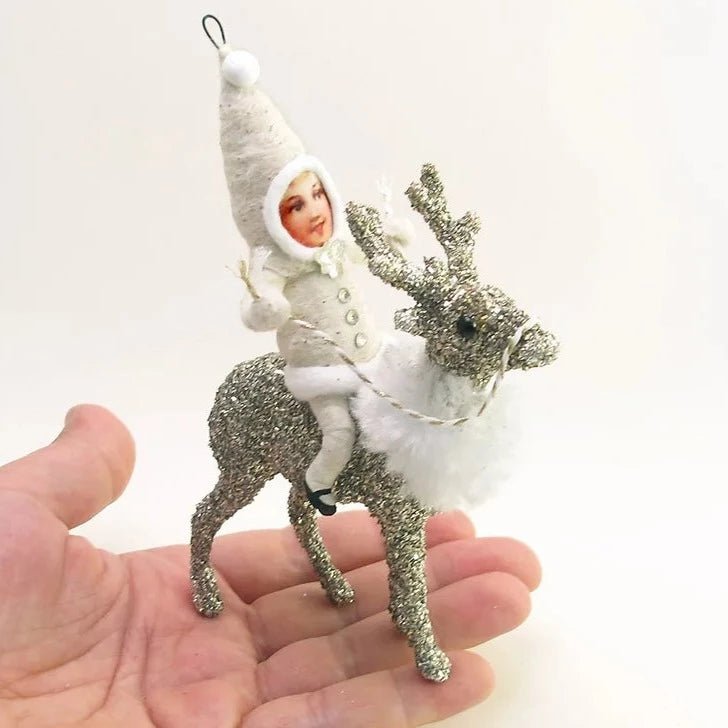 Glittered Reindeer Rider Ornament/Figure- Vintage Inspired Spun Cotton | Vintage by Crystal Spun Cotton Ornament - Bon Ton goods