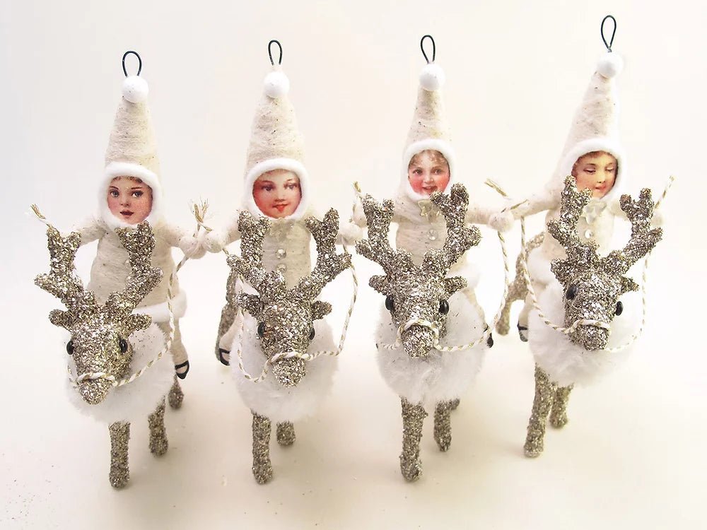 Glittered Reindeer Rider Ornament/Figure- Vintage Inspired Spun Cotton | Vintage by Crystal Spun Cotton Ornament - Bon Ton goods