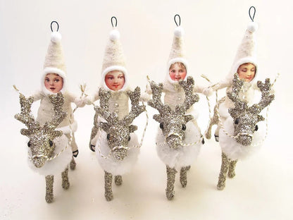 Glittered Reindeer Rider Ornament/Figure- Vintage Inspired Spun Cotton | Vintage by Crystal Spun Cotton Ornament - Bon Ton goods