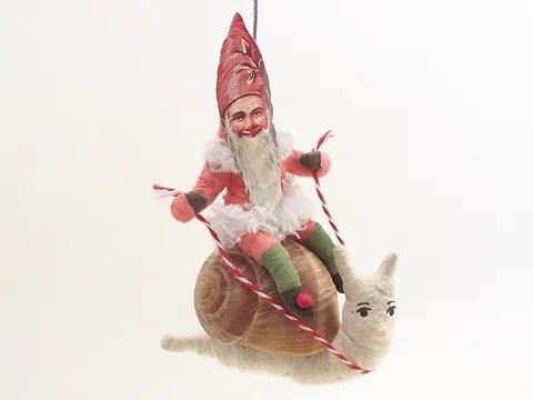 Gnome Riding A Snail - Vintage Inspired Spun Cotton | Vintage by Crystal Spun Cotton Ornament - Bon Ton goods