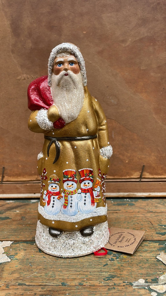 Golden Santa With Snowman Scene and Bright Red Bag | Ino Schaller - Bon Ton goods