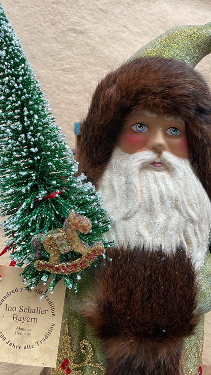 Grand Forest Green Beaded Santa with Holly Decoration, Fur & Packbag | Ino Schaller - Bon Ton goods