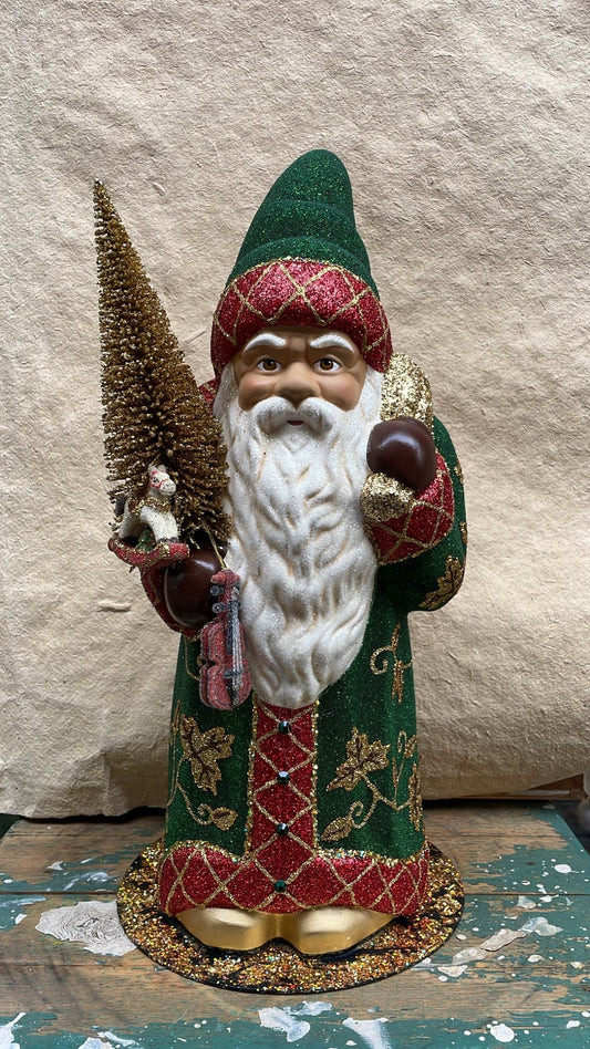 Green Beaded Santa with Red Trim, Goldleaf Boots & Crystals | Ino Schaller - Bon Ton goods