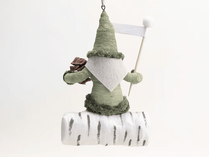 Green Santa On Birch Log Ornament | Vintage by Crystal Spun Cotton Ornament - Bon Ton goods