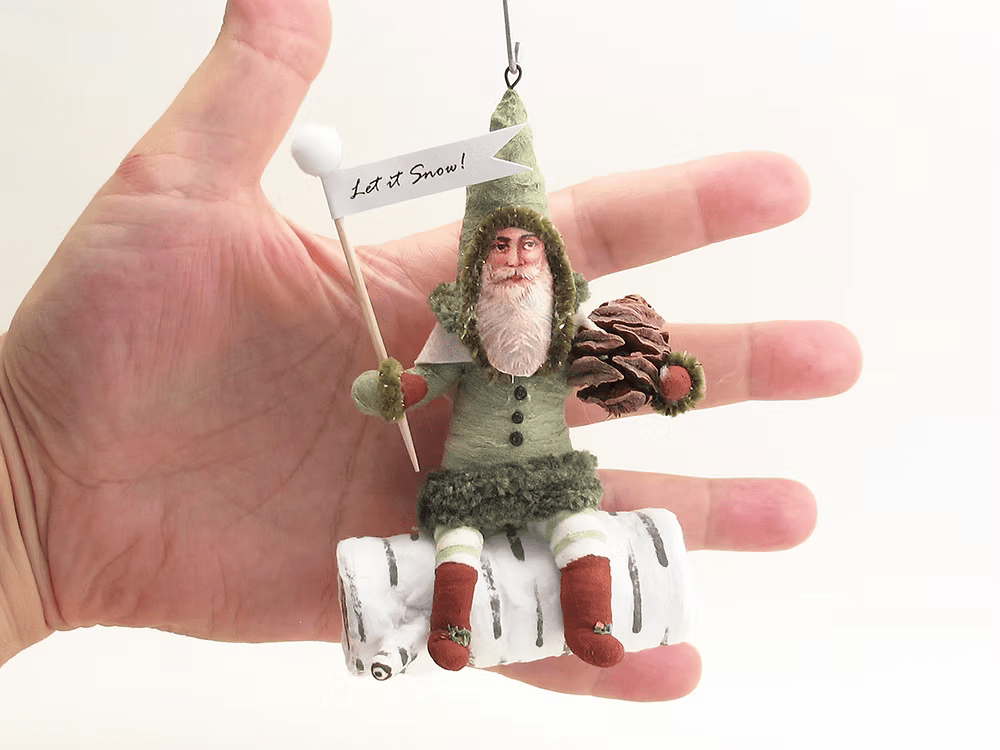 Green Santa On Birch Log Ornament | Vintage by Crystal Spun Cotton Ornament - Bon Ton goods
