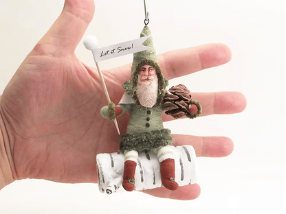 Green Santa On Birch Log Ornament | Vintage by Crystal Spun Cotton Ornament - Bon Ton goods