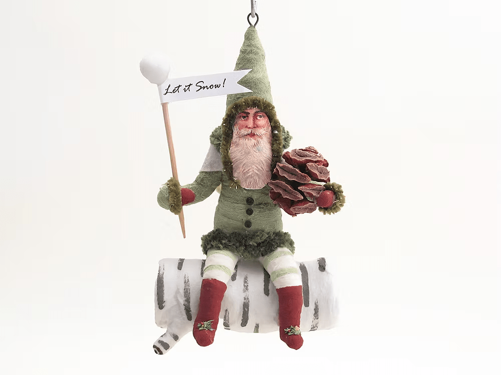 Green Santa On Birch Log Ornament | Vintage by Crystal Spun Cotton Ornament - Bon Ton goods