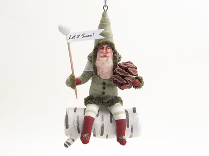 Green Santa On Birch Log Ornament | Vintage by Crystal Spun Cotton Ornament - Bon Ton goods