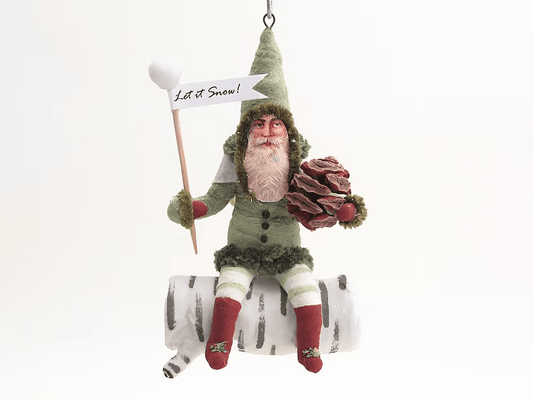 Green Santa On Birch Log Ornament | Vintage by Crystal Spun Cotton Ornament - Bon Ton goods