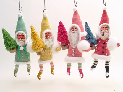 Green Santa W/ Bottle Brush Tree Ornament - Vintage Inspired Spun Cotton - Bon Ton goods
