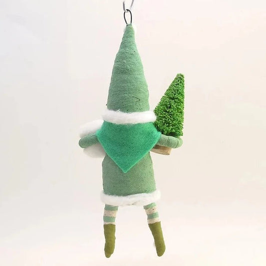 Green Santa W/ Bottle Brush Tree Ornament - Vintage Inspired Spun Cotton - Bon Ton goods