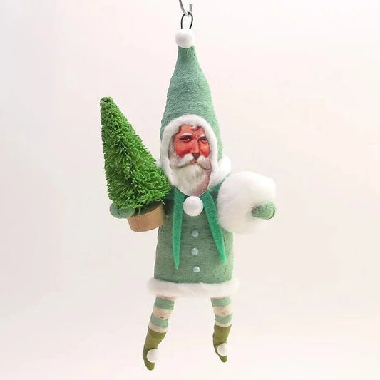 Green Santa W/ Bottle Brush Tree Ornament - Vintage Inspired Spun Cotton - Bon Ton goods