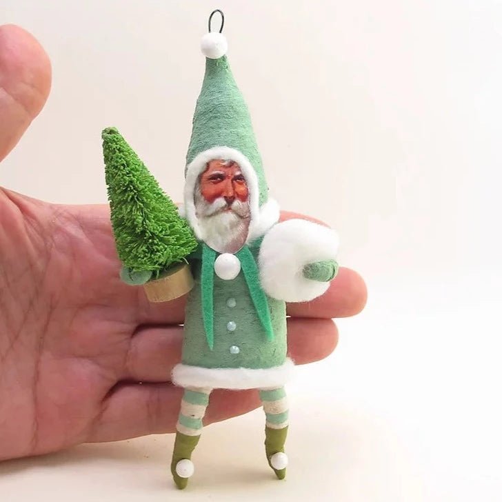 Green Santa W/ Bottle Brush Tree Ornament - Vintage Inspired Spun Cotton | Vintage by Crystal Spun Cotton Ornament - Bon Ton goods